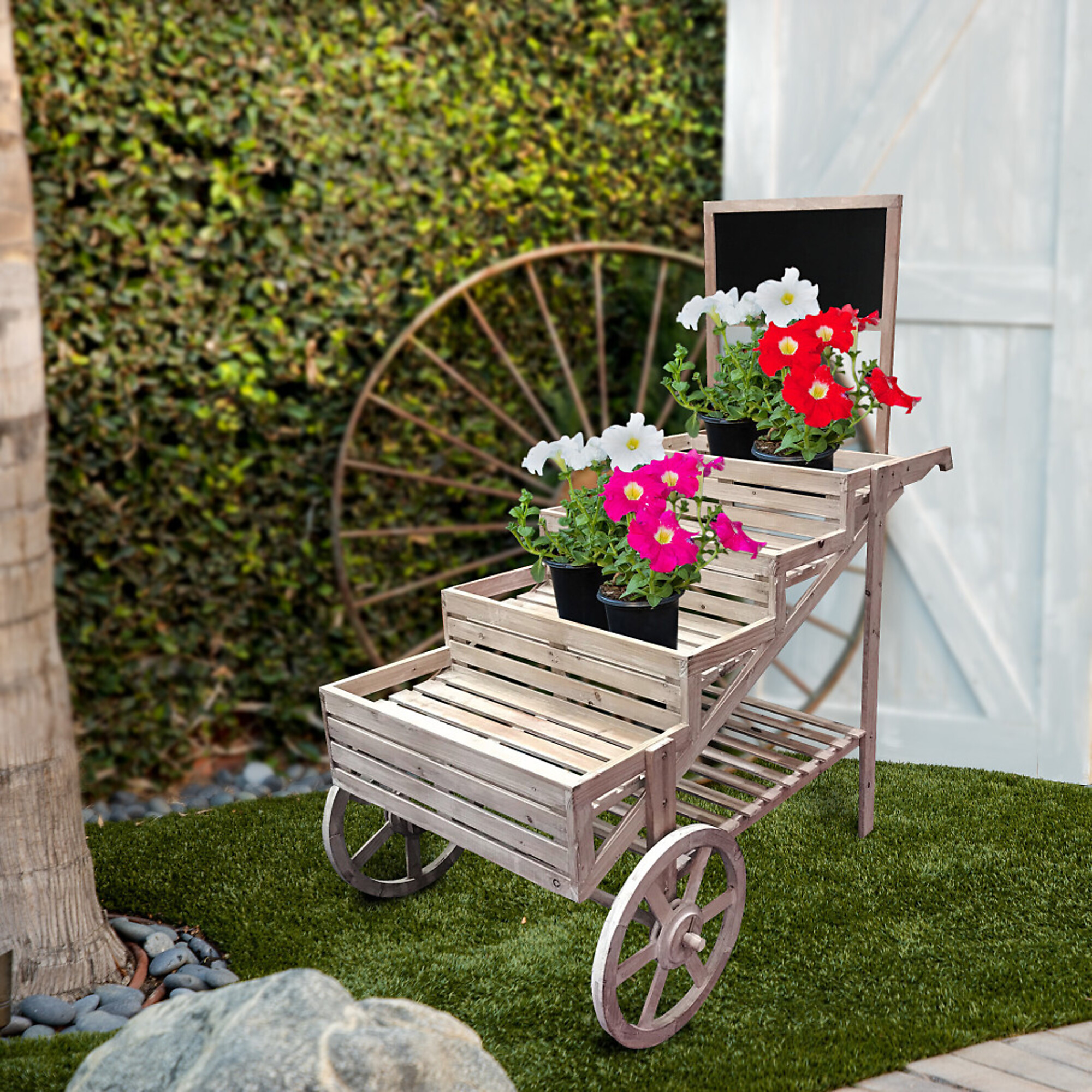 Alpine Corporation, Wooden Cart Plant/Display Stand with Chalkboard, Model# MBB100